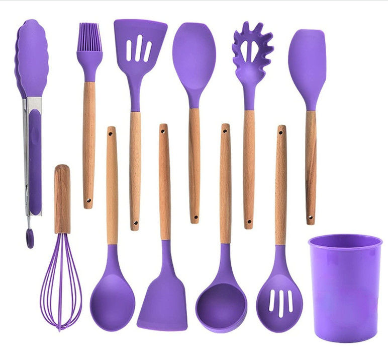 12-Piece Silicone Cooking Kitchen Utensil Set With Stand-Wooden Handle Silicone