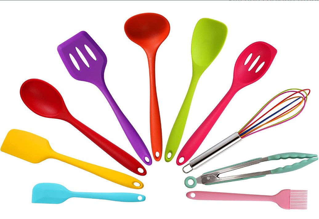 10 Piece Ergonomic Silicone Utensil Set , LFGB Non Stick Silicone Utensils