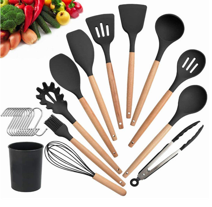 Black Silicone Kitchen Utensil Sets scratchless Hasslefree Ergonomic